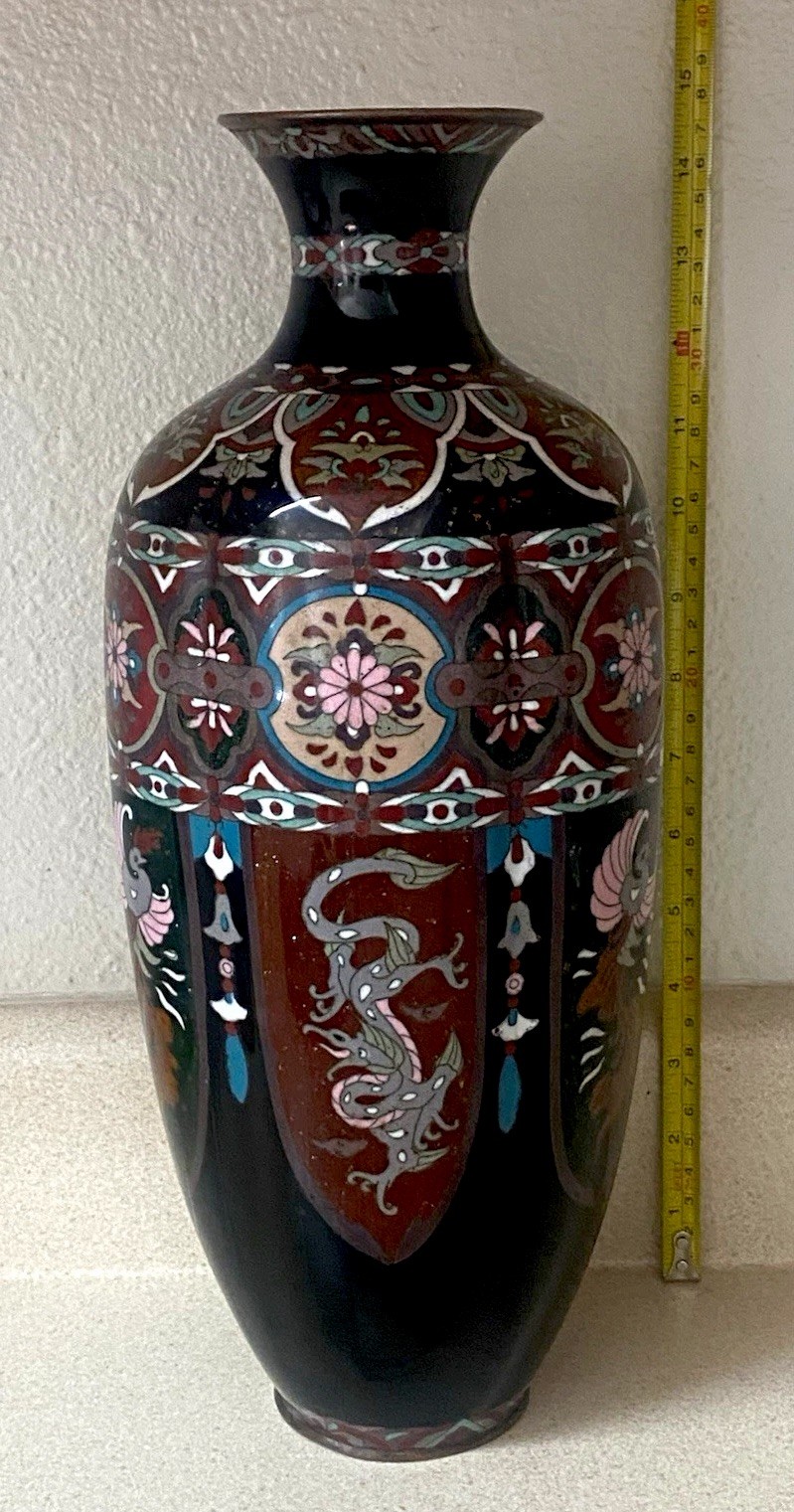 Antique Japanese Cloisonne Vase Meiji Period 15” Dragon Phoenix Enamel Bronze Antique Japanese Cloisonne Vase Meiji Period 15” Dragon Phoenix Enamel Bronze