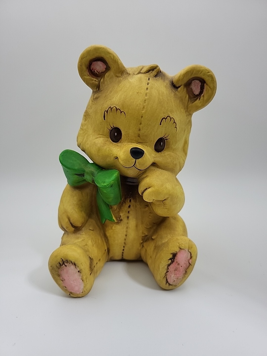 Vintage Yellow Porcelain Teddy Bear Coin Bank With Green Bow - 6\