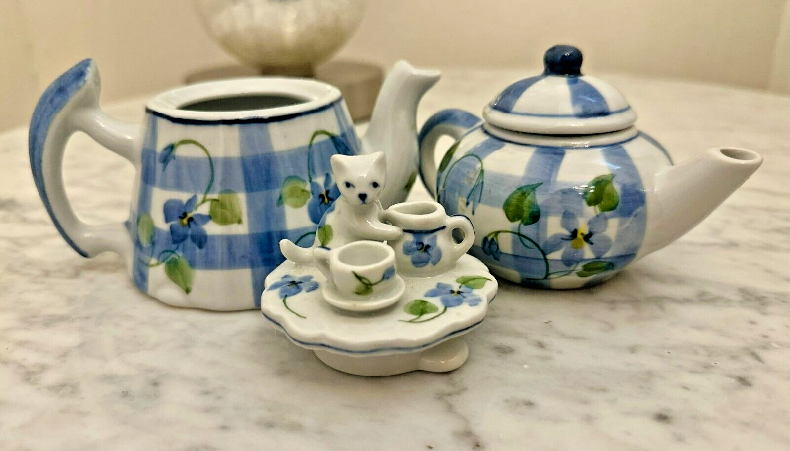 Floral Mini Teapot Trinkets With Cat Porcelain Andrea by Salek Set of 2