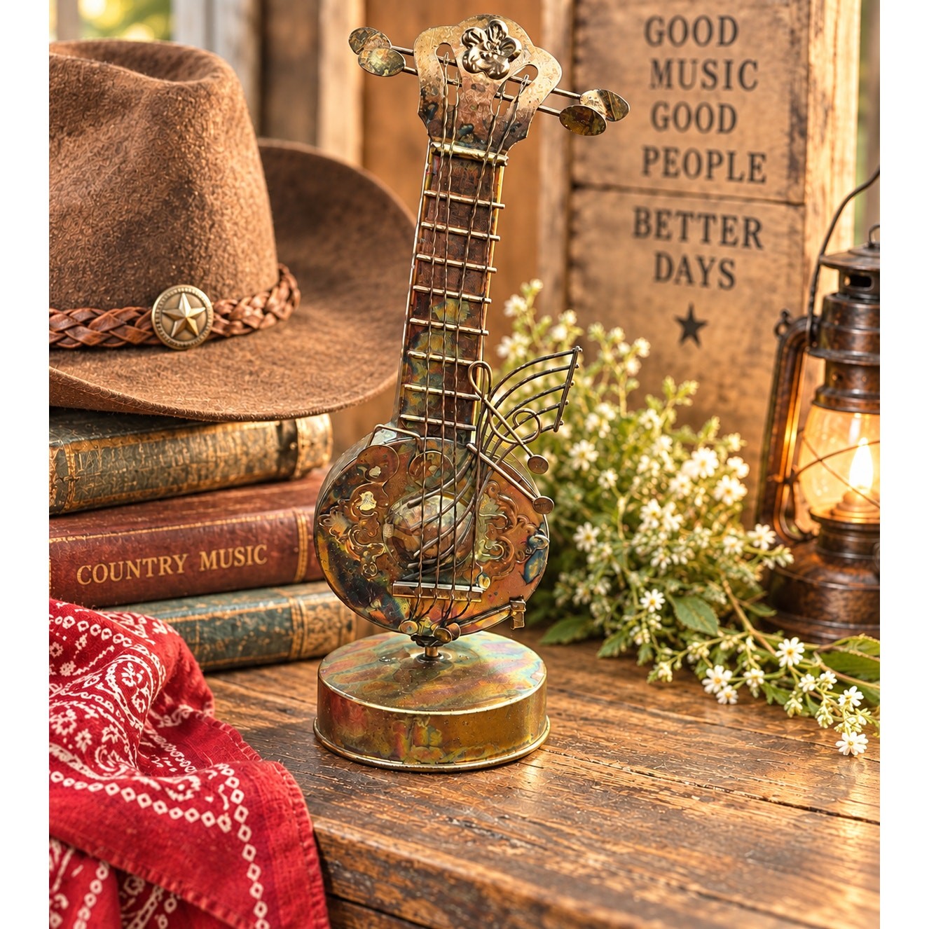 Vintage 70s Banjo Music Box Working Wind-Up Brass Metal Country Folk Decor