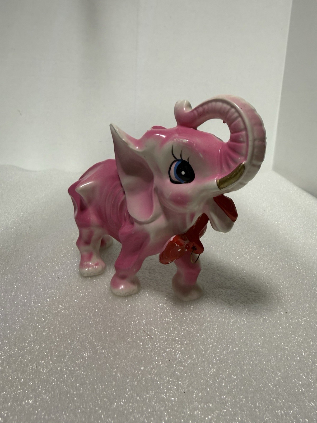 RARE Arnart Skinny Ceramic Elephant Figurine Pink with a Red Bow