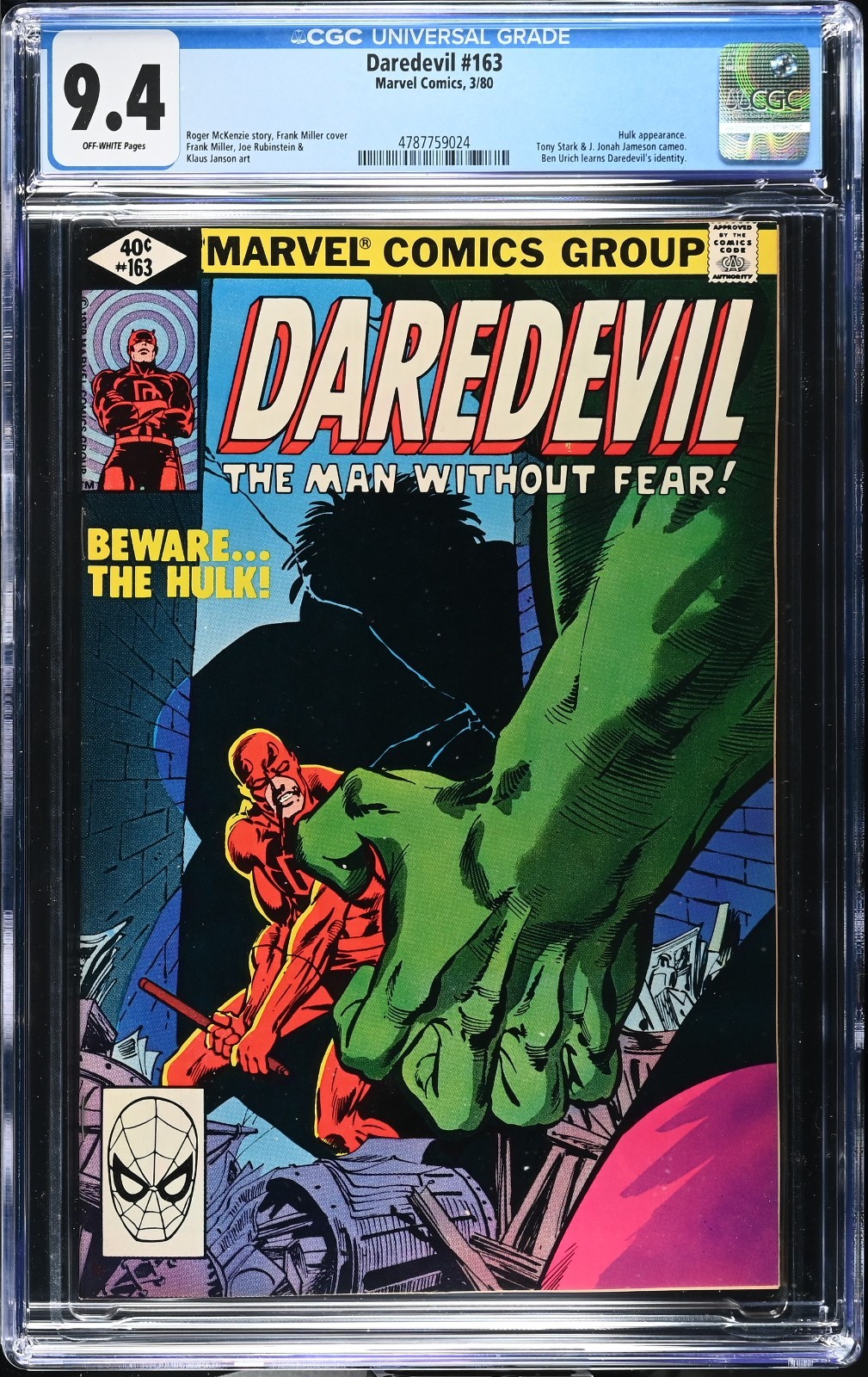 🎯 Daredevil #163 CGC 9.4 OW Marvel 1980 Frank Miller Hulk Battle Cover