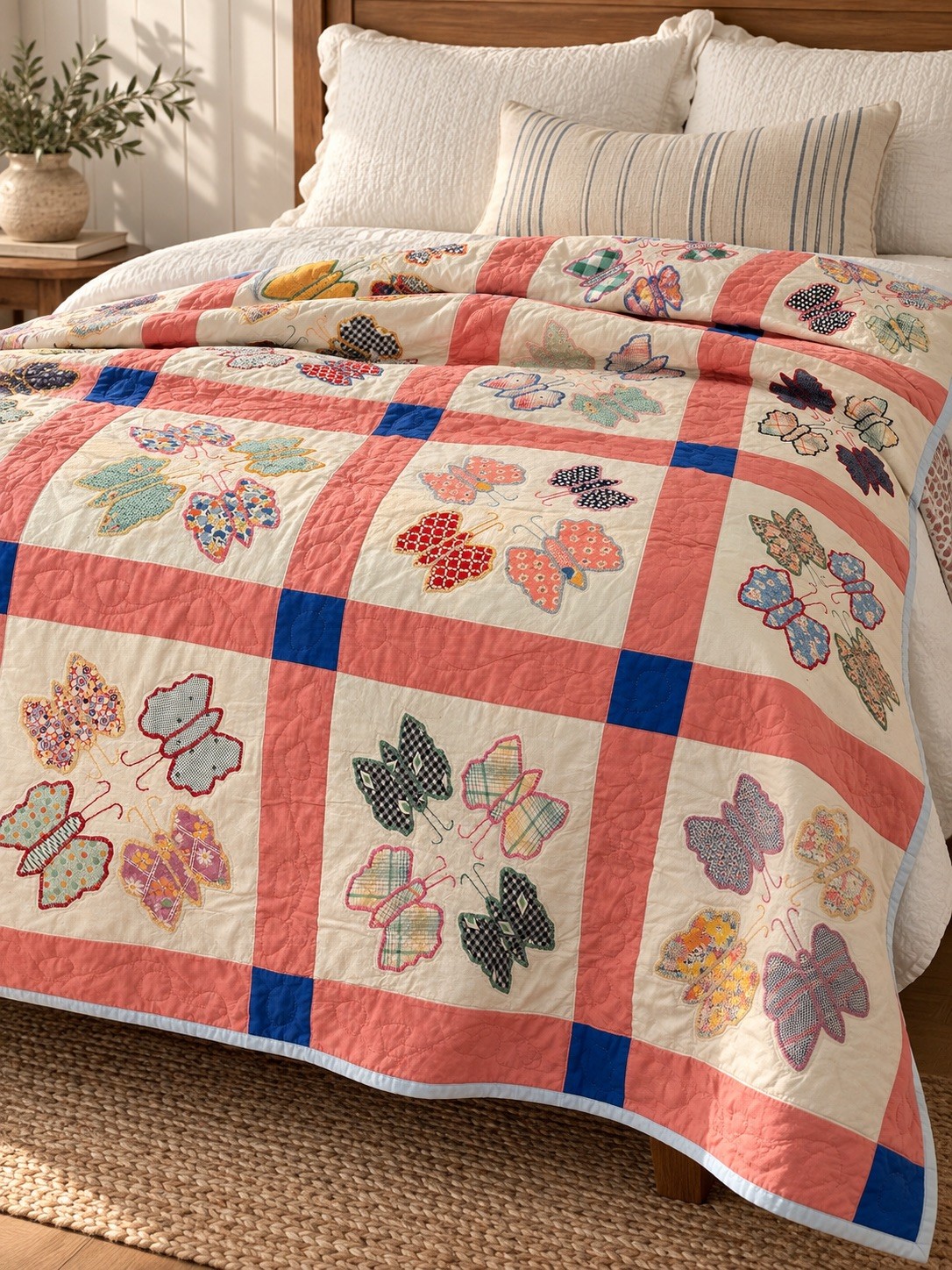 Vintage Queen 30\'s Butterfly Patchwork Antique Quilt, Solid Blue & Pink Accents Vintage Queen 30\'s Butterfly Patchwork Antique Quilt, Solid Blue & Pink Accents