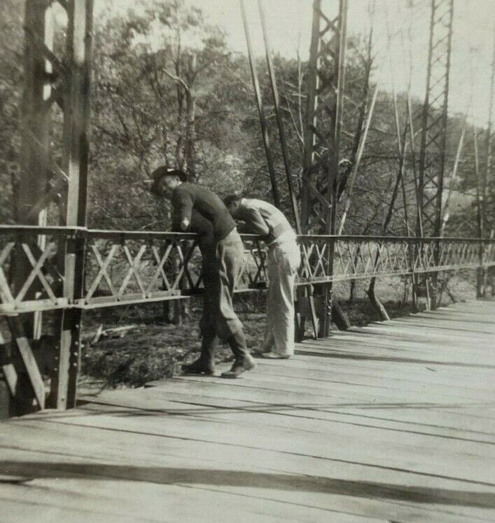 Two Men Looking Over Bridge Rail River Vintage B&W Photograph 3.5 x 3.5
