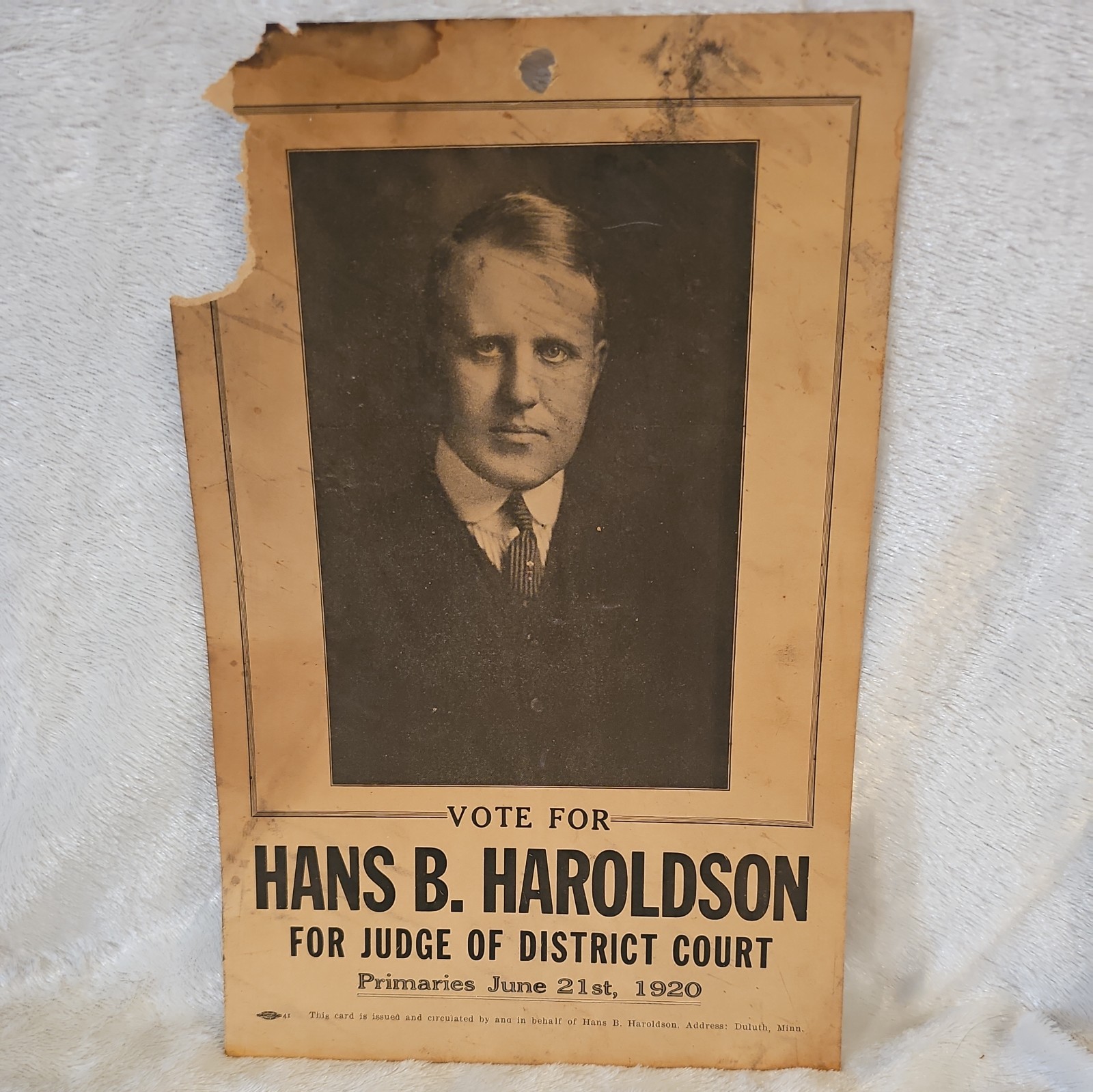 Vtg 1920 Judge of District Court Primaries Hans B Haroldson Poster Duluth MN 