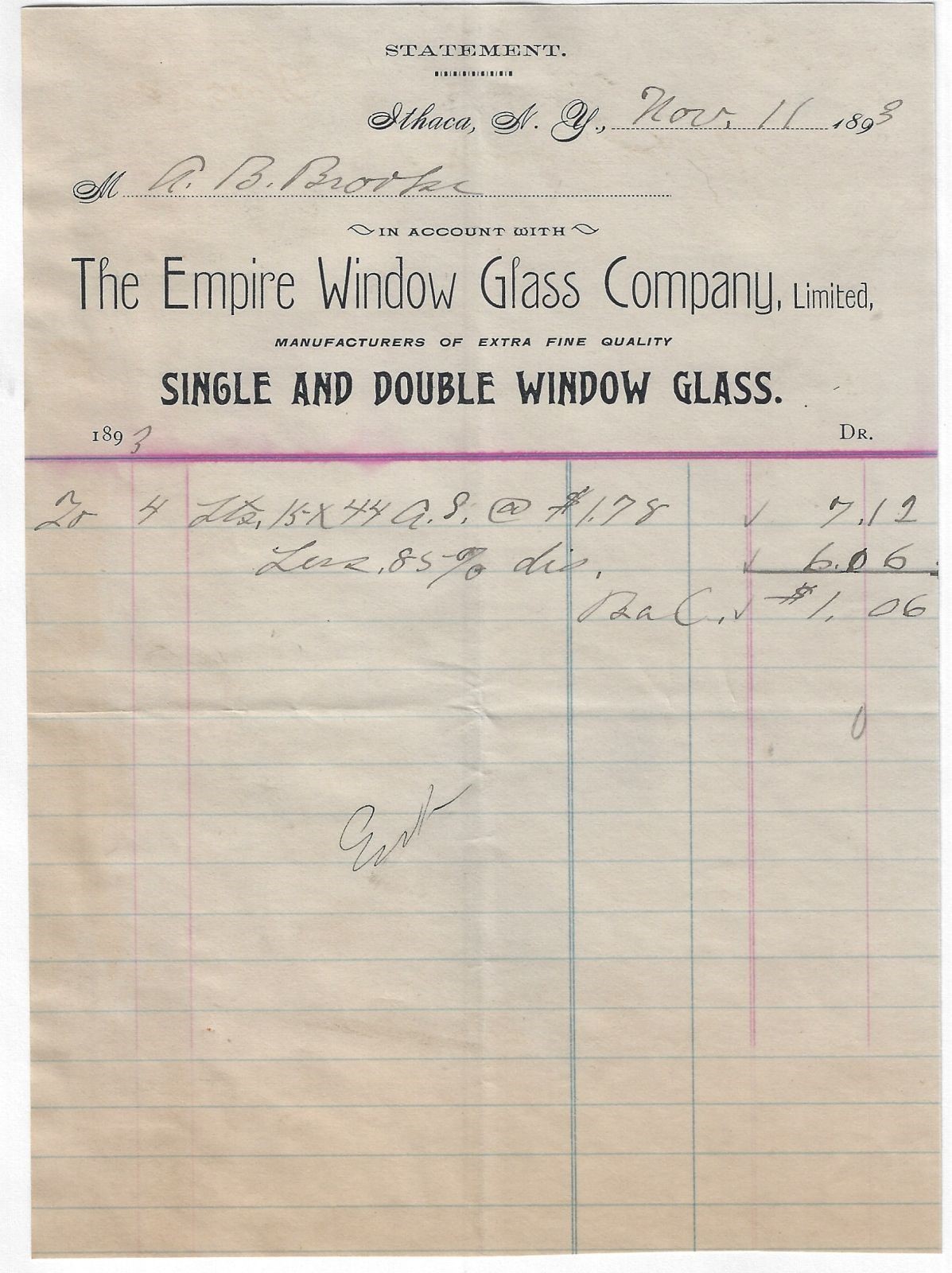 Ithaca NY Empire Window Glass Company 1893 Antique Statement Manufacturer