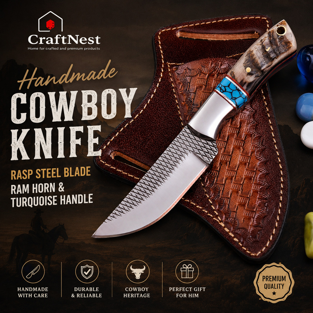 Handmade Rasp Steel Cowboy Knife | Ram Horn & Turquoise Handle, Leather Sheath