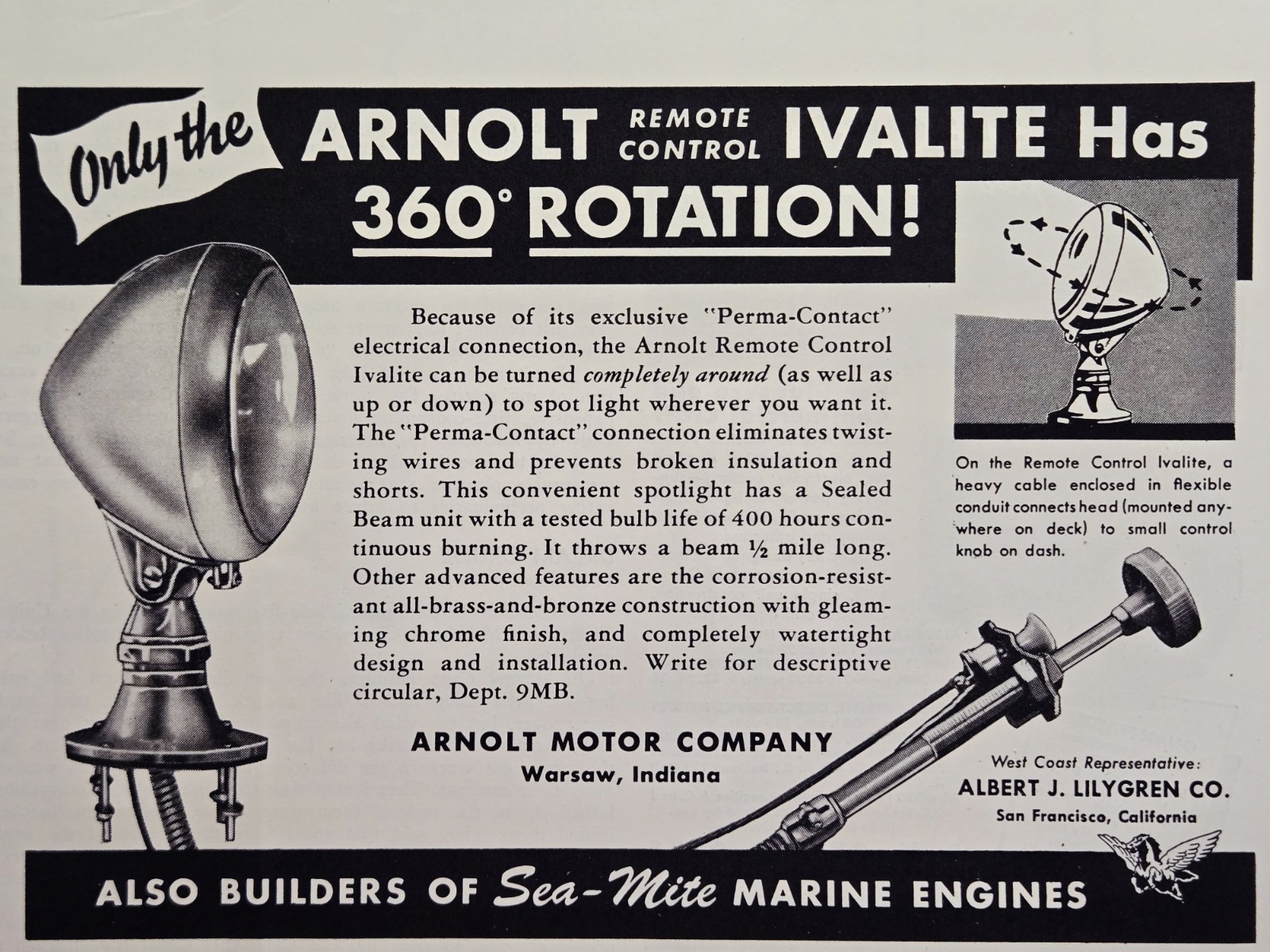 1946 Arnolt Ivalite Marine Spot Light Warsaw IN Print Ad - 360 Degrees Rotation 