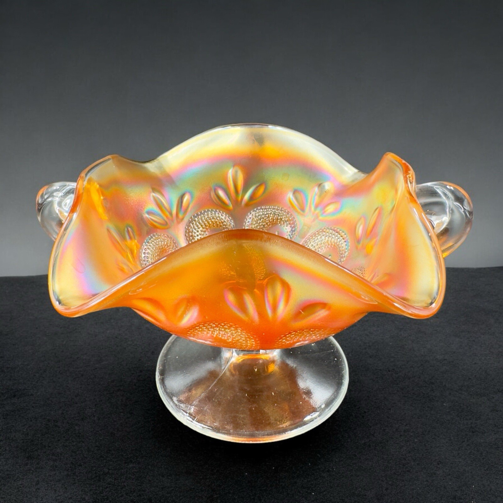 Dugan Iridescent Marigold Bonbon Compote Dish Bowl Glass Vintage Glass Decor VTG Dugan Iridescent Marigold Bonbon Compote Dish Bowl Glass Vintage Glass Decor VTG