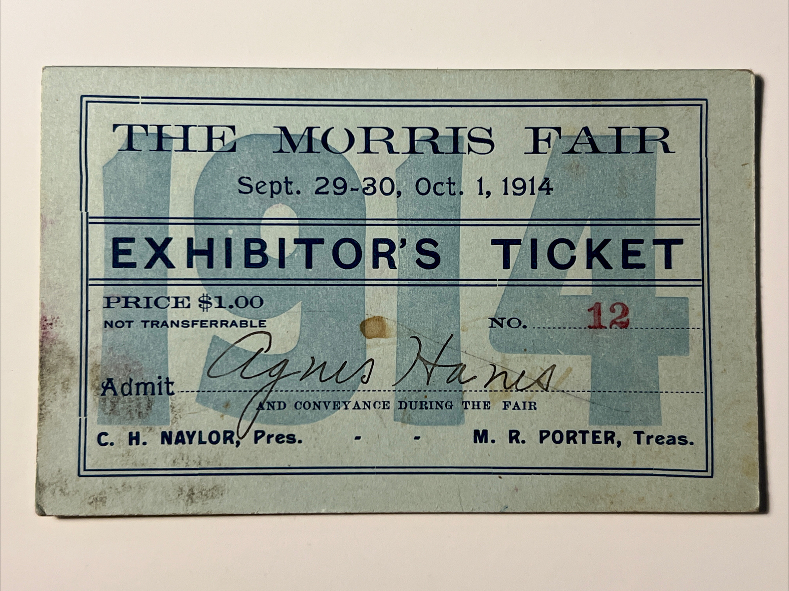 1914 OTSEGO NEW YORK The MORRIS Fair Exhibitor’s TICKET