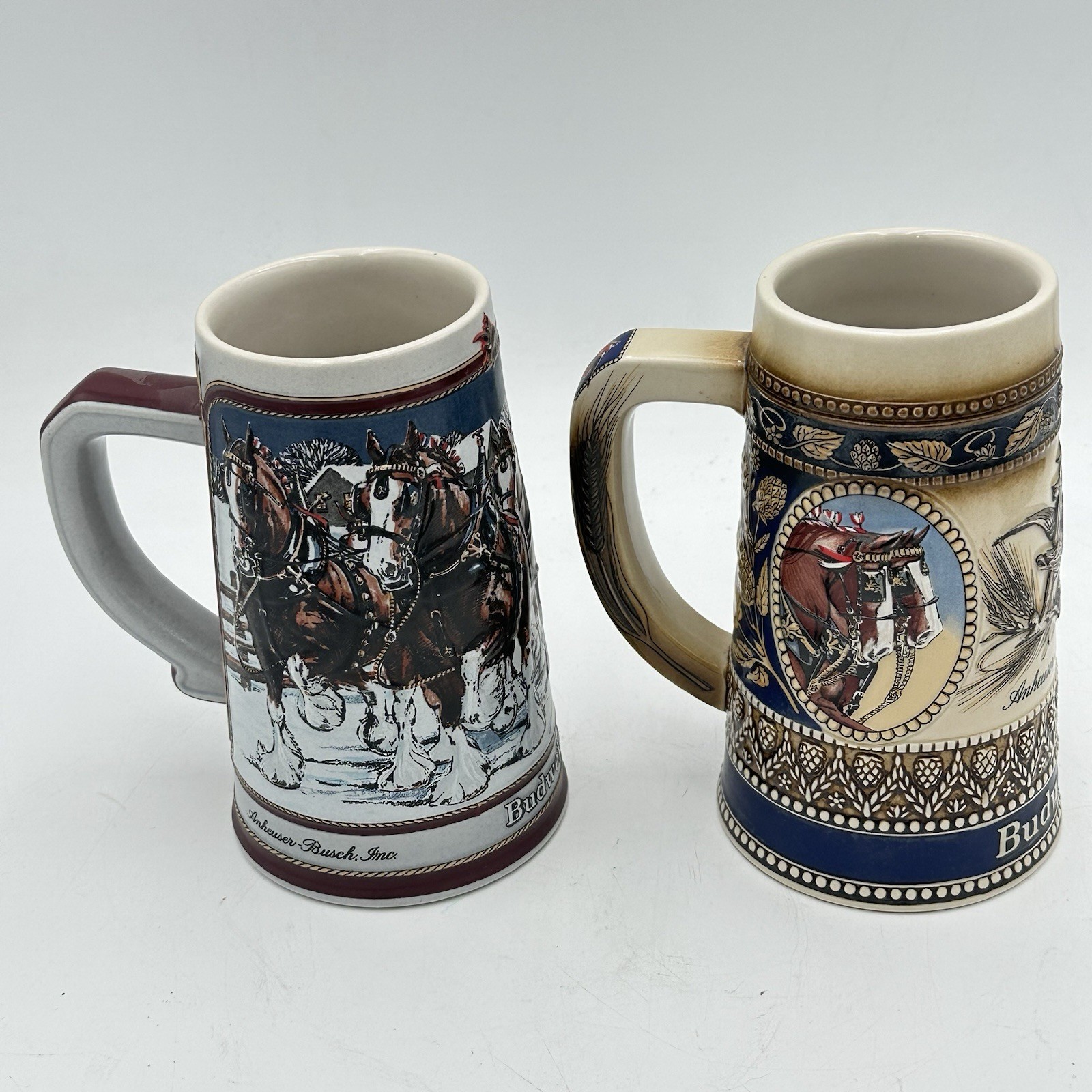 2 Anheuser Busch SE Hitch on a Winters Evening Budweiser Beer Steins 1989