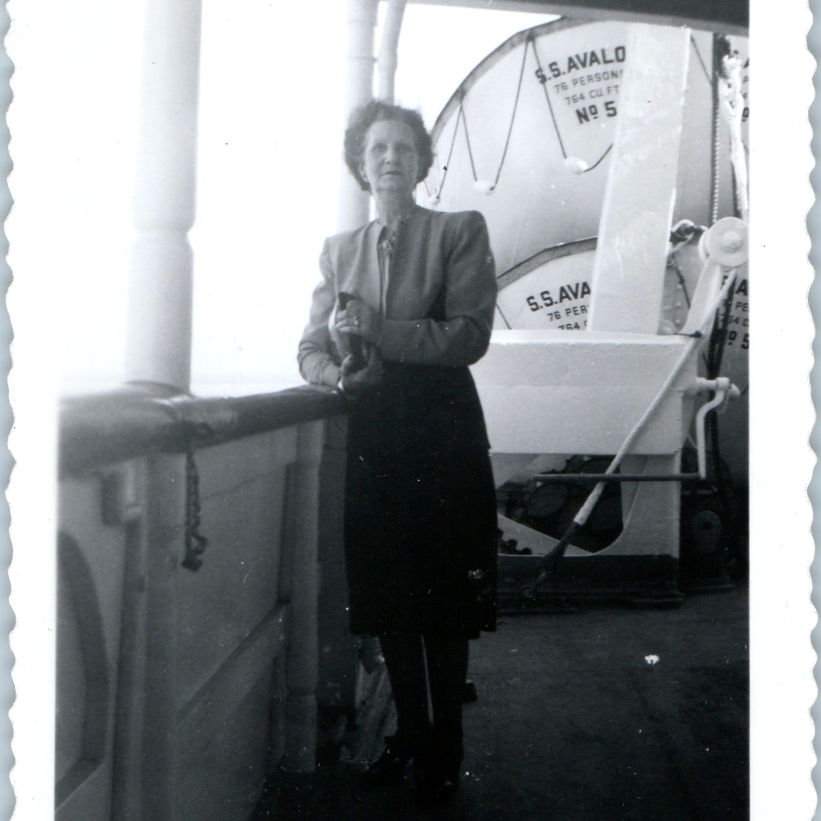 c1940s Woman Posing Deck S.S. Avalon Steamship Lifeboat Santa Catalina Island CA c1940s Woman Posing Deck S.S. Avalon Steamship Lifeboat Santa Catalina Island CA