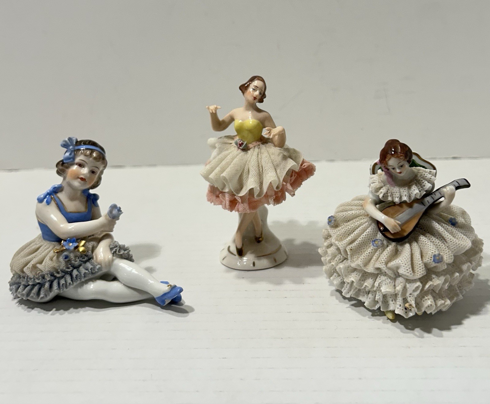 Dresden Porcelain Lace Mini Seated Lady  & Ballerina Lot of 3 Figures - TLC Read