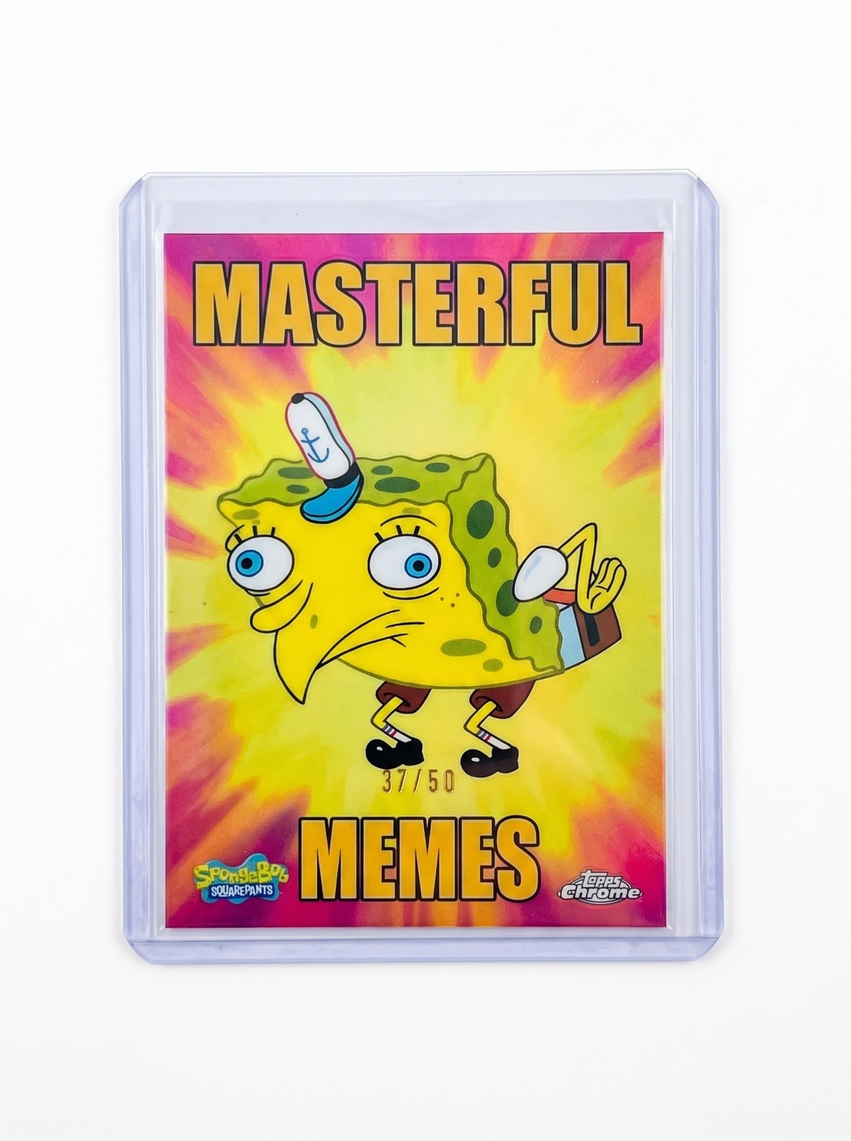 2025 Topps Chrome Spongebob Masterful Memes Mocking Spongebob Gold Refractor /50 2025 Topps Chrome Spongebob Masterful Memes Mocking Spongebob Gold Refractor /50