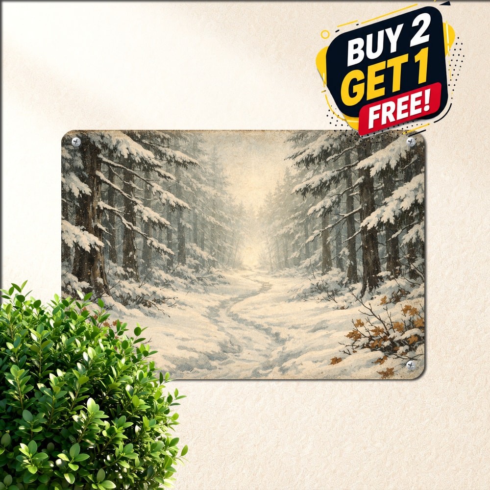 Winter Snow Forest Path Metal Sign Trail Perspective Landscape Decor Plaque