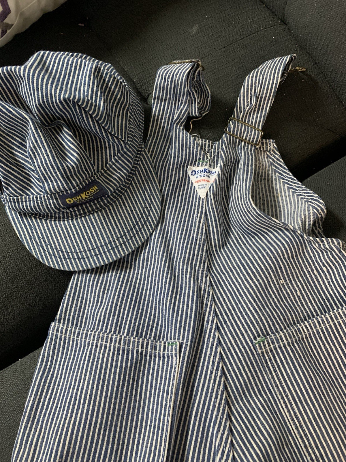 Vintage Osh Kosh B’Gosh Hickory Stripe Train Conductor Hat Cap And Overalls Bib Vintage Osh Kosh B’Gosh Hickory Stripe Train Conductor Hat Cap And Overalls Bib