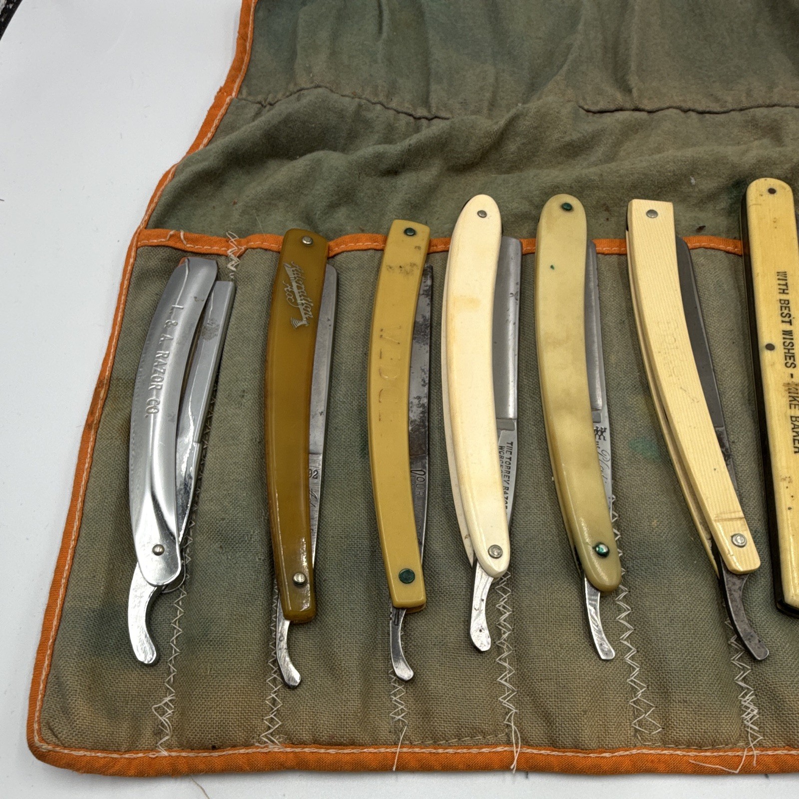 VTG Antique Straight Razor Collection Lot of 12 w/ Folding Canvas Roll Up Pouch VTG Antique Straight Razor Collection Lot of 12 w/ Folding Canvas Roll Up Pouch