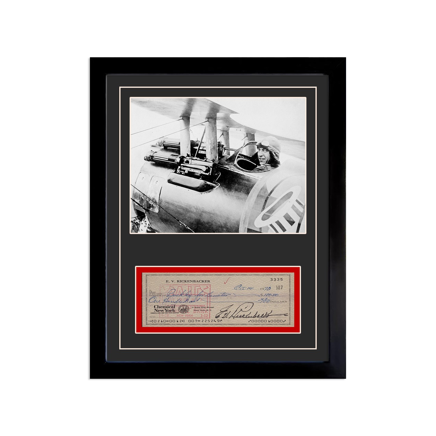 Eddie Rickenbacker Reproduction Signed Cancelled Check  Framed Display