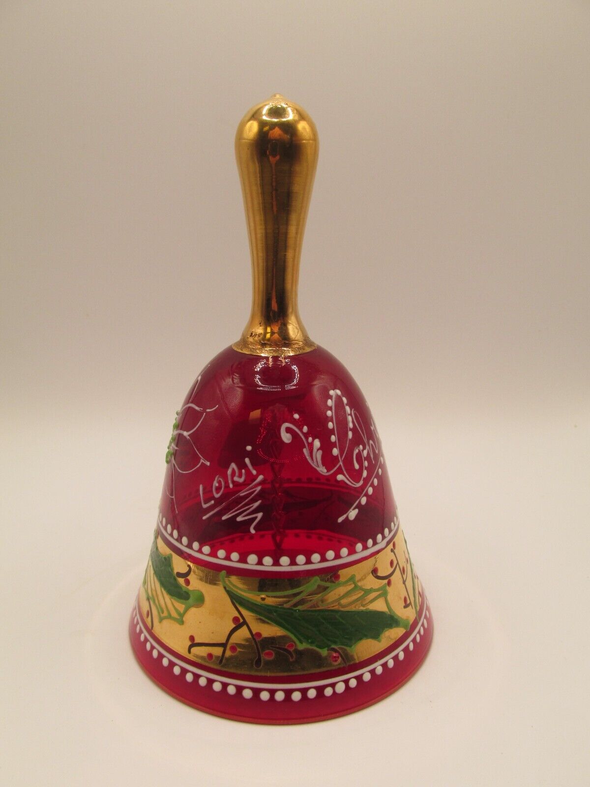 VINTAGE KB HANDPAINTED RUBY RED BELL GOLD HANDLE POINSETTIA HOLLY BERRIES ITALY