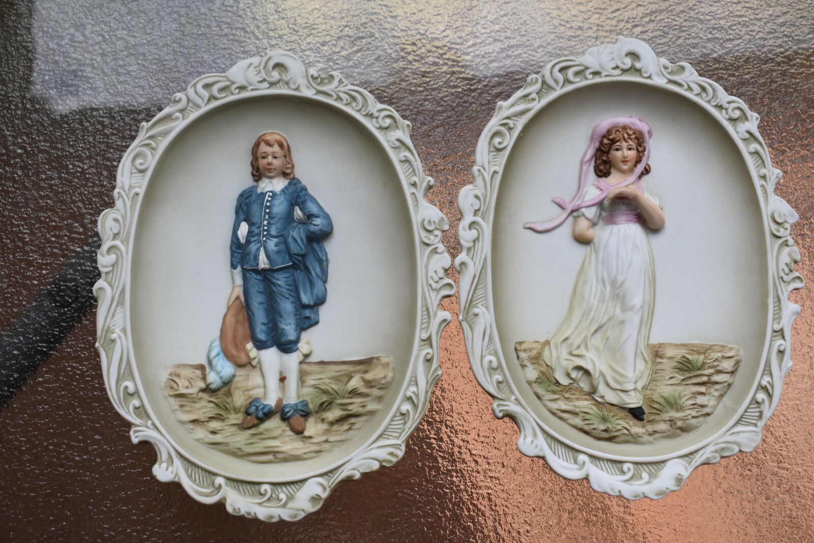 VTG Pair Lefton Blue Boy & Pinkie Bisque Porcelain Wall Plaques KW3504 Charming