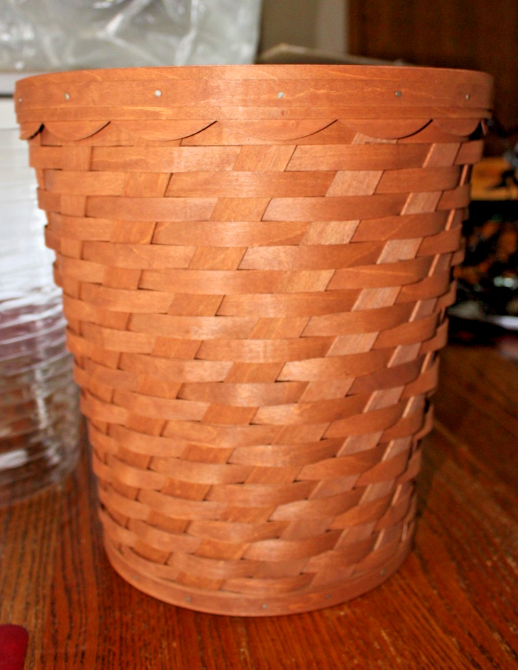 Longaberger 2007 Rich Brown Scalloped Waste Basket & Protector NEW