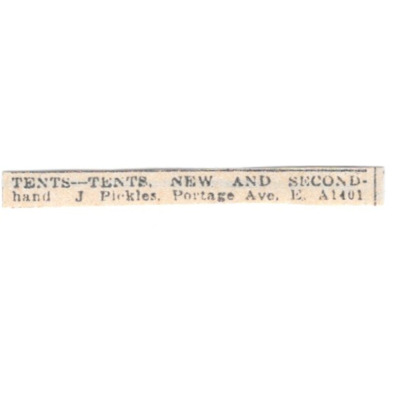 J. Pickles Tents New and Secondhand Portage Ave 1920 Ad AG2-S12