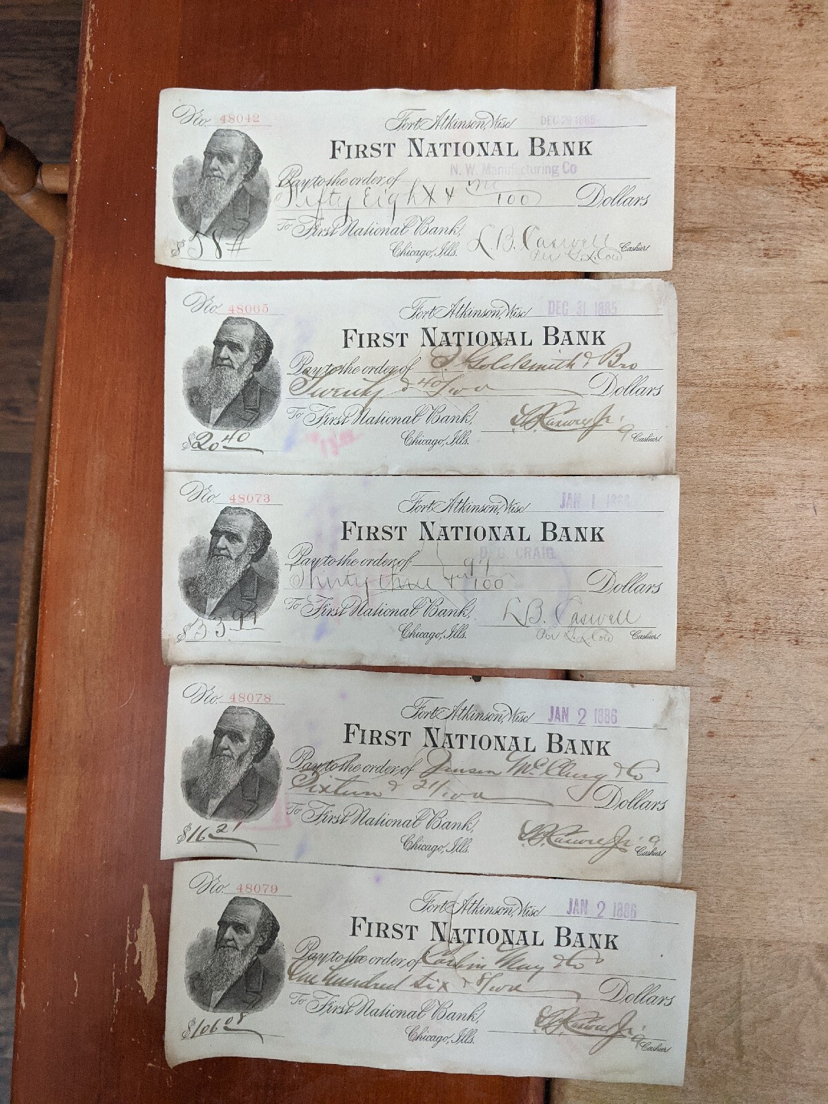 LB Caswell Signed 1886 First National Bank Chicago Used Checks. Lot Of 5 LB Caswell Signed 1886 First National Bank Chicago Used Checks. Lot Of 5