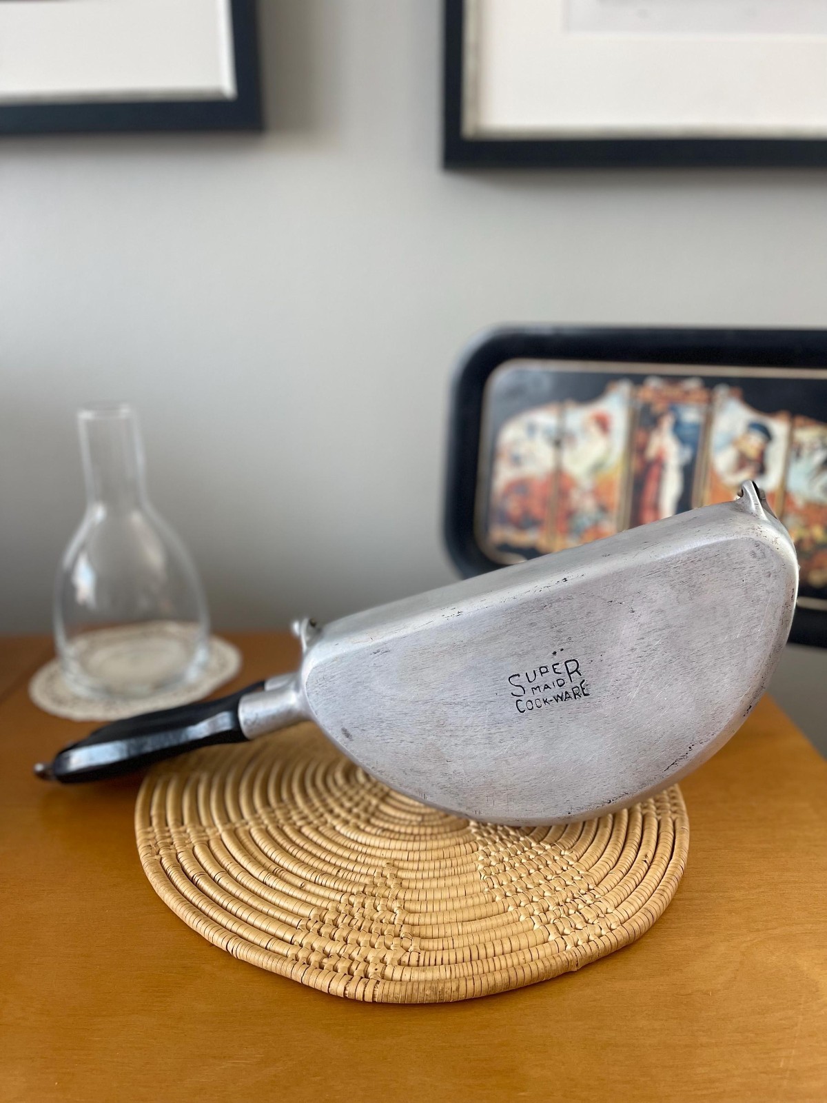 Vintage 1930s Super Maid Cook-Ware Aluminum Double Fry Pan w/ Black Wood Handle