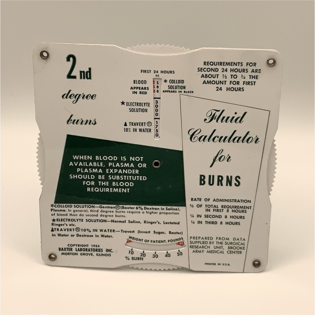 Vintage Baxter Products 2nd & 3rd Degree Burns Fluid Calculator Reference Card Vintage Baxter Products 2nd & 3rd Degree Burns Fluid Calculator Reference Card