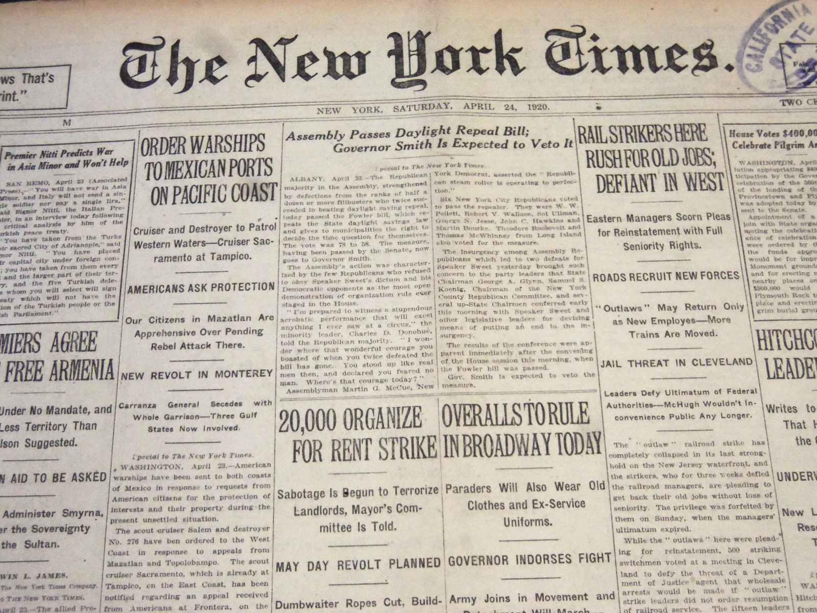 1920 APRIL 24 NEW YORK TIMES - ASSEMBLY PASSES DAYLIGHT REPEAL BILL - NT 5885 1920 APRIL 24 NEW YORK TIMES - ASSEMBLY PASSES DAYLIGHT REPEAL BILL - NT 5885