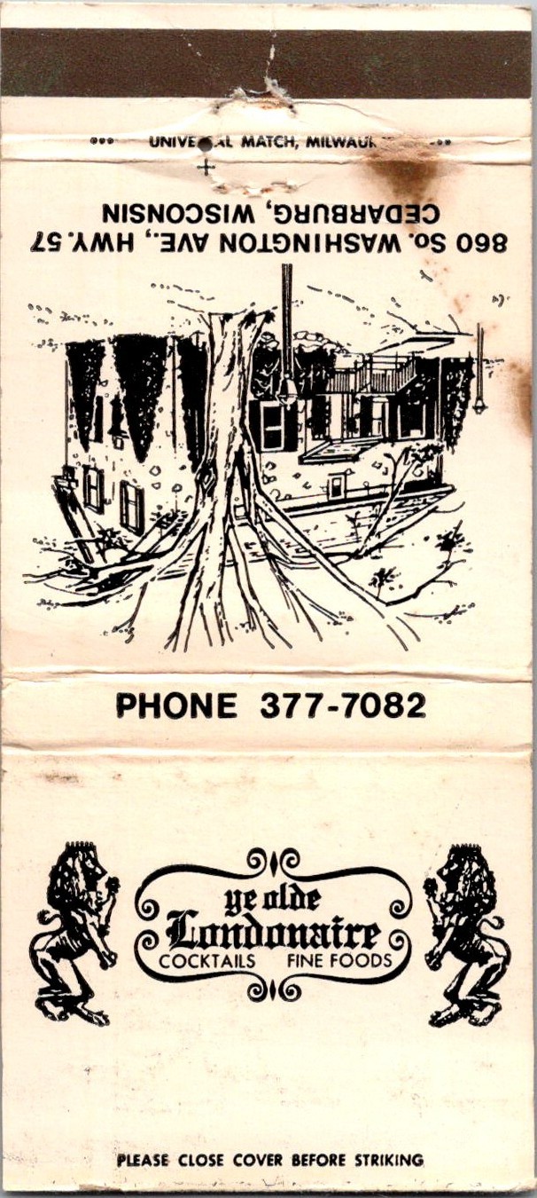 Ye Olde Londonaire Cocktails Cedarburg WI Vintage Matchbook Cover TMM13-10
