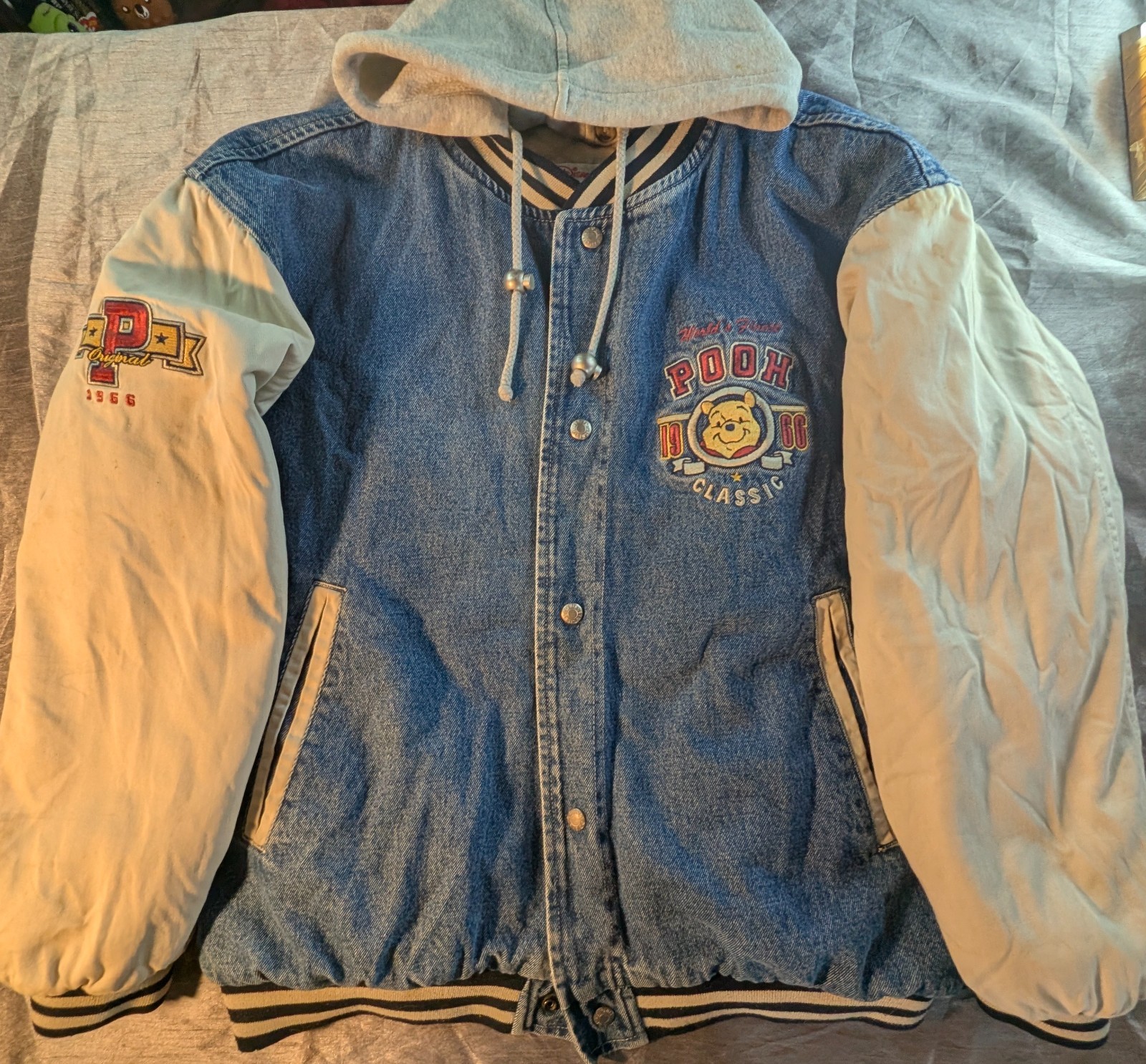 Vintage 90s Disney Store Winnie The Pooh Denim Varsity Jacket Hooded Large 1966 Vintage 90s Disney Store Winnie The Pooh Denim Varsity Jacket Hooded Large 1966