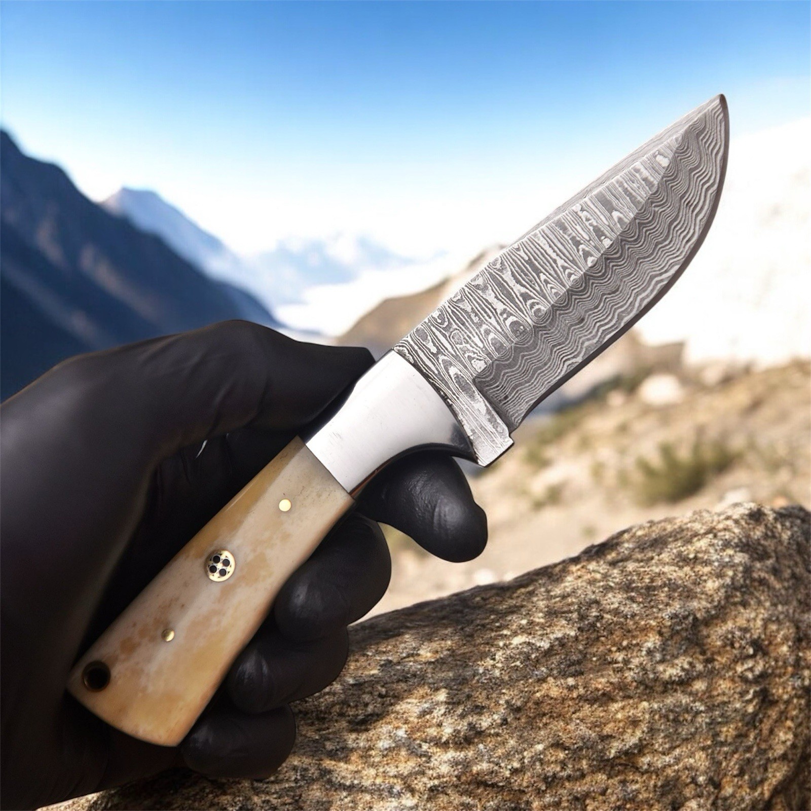 handmade Damascus Fix Blade Knife Best Camel Bone Handle Collectible