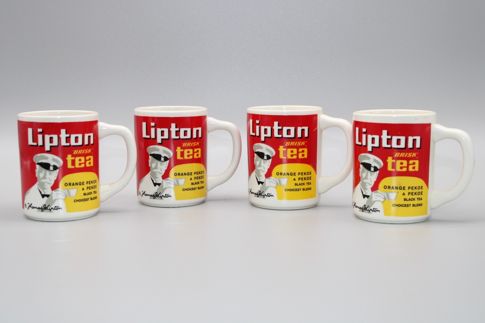 Set of 4 Vintage Lipton Tea Mug Red Yellow Advertising Cup Orange Pekoe Set of 4 Vintage Lipton Tea Mug Red Yellow Advertising Cup Orange Pekoe