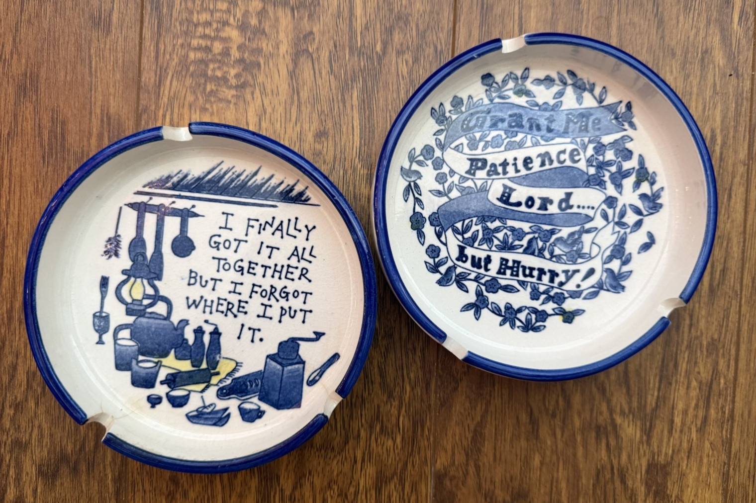 2 VTG MID CENTURY Funny Sayings Ashtrays Kitsch Blue and White
