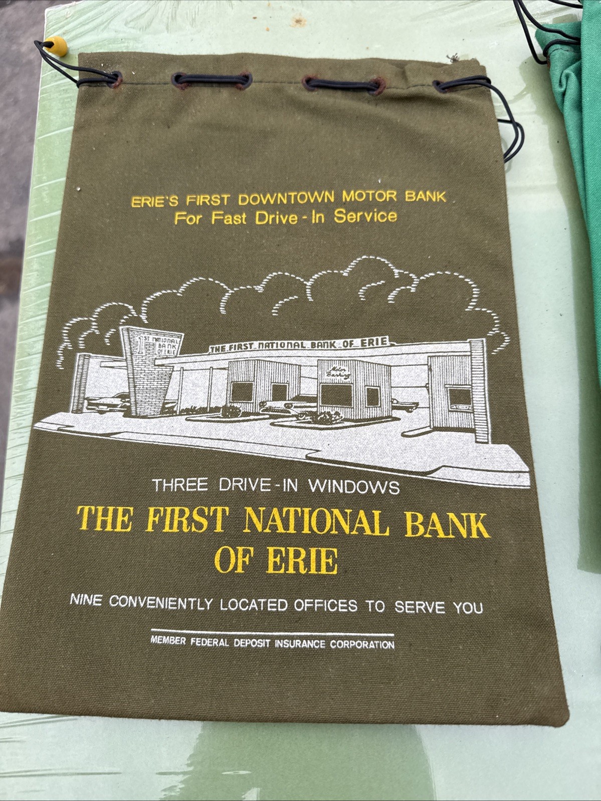 Vintage First National Bank Of Erie PA Deposit Bag Coin Money 1970s Olive Green Vintage First National Bank Of Erie PA Deposit Bag Coin Money 1970s Olive Green