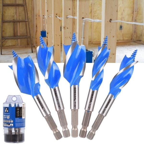 Wood Auger Drill Bit Set 5-Piece 1/2 5/8 3/4 7/8 1 Inch Hex Shank Woodworking Wood Auger Drill Bit Set 5-Piece 1/2 5/8 3/4 7/8 1 Inch Hex Shank Woodworking