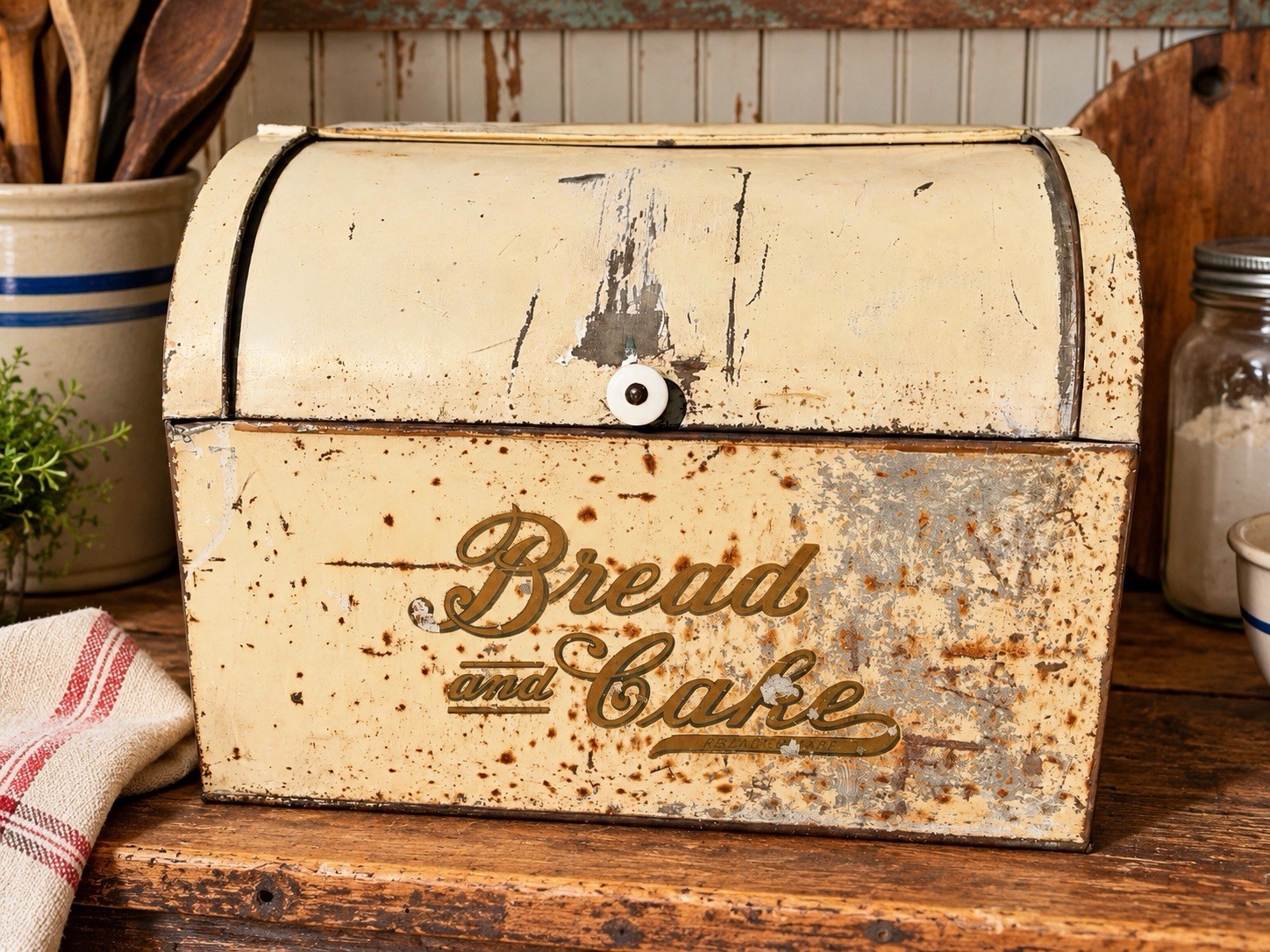 Old Antique Roll Top Painted Tin Bread Box Vintage Victorian Era Kitchen Storage