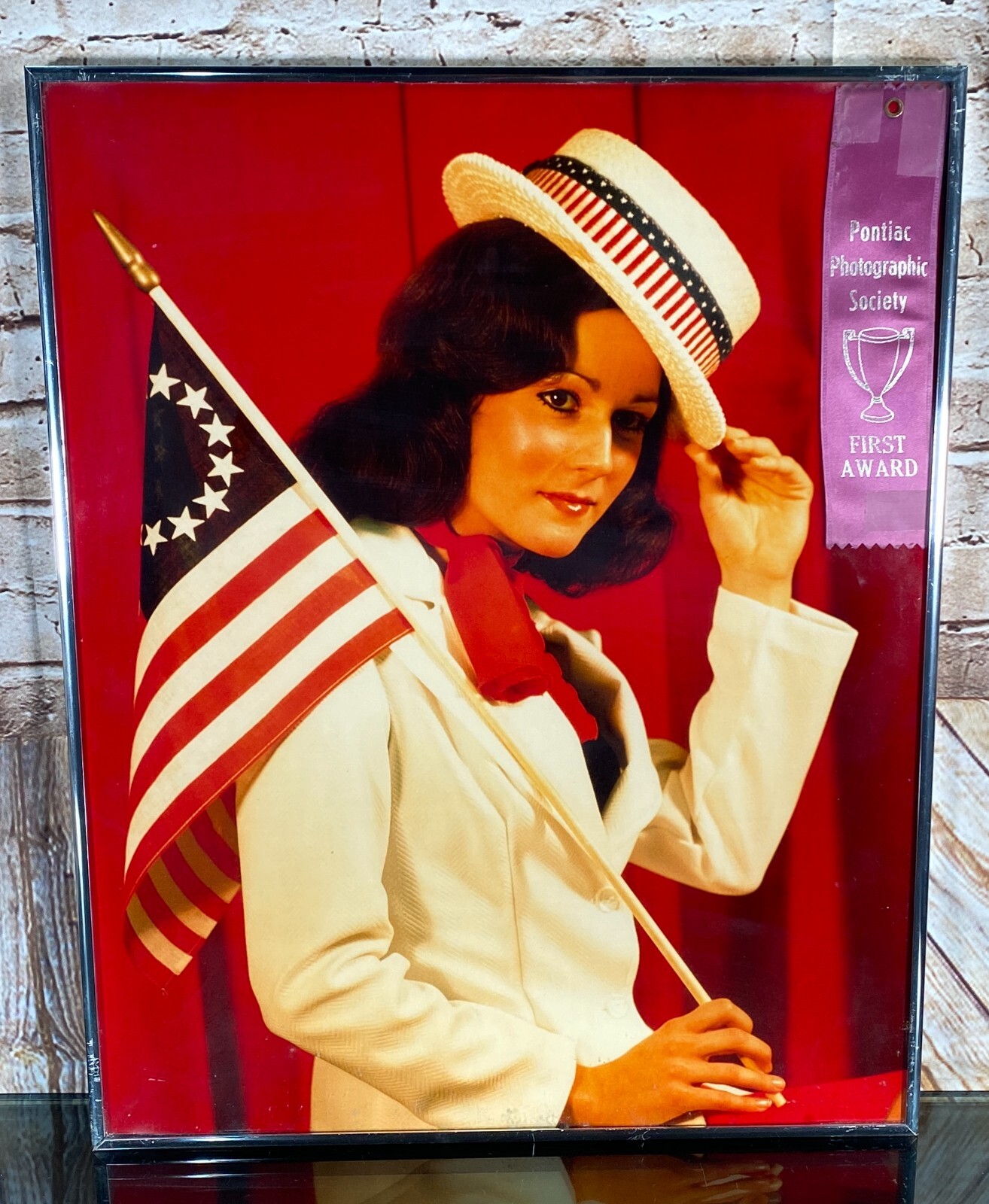 Vtg 70s Framed Original Photo Bicentennial Patriotic Pretty Girl Sexy Cheesecake