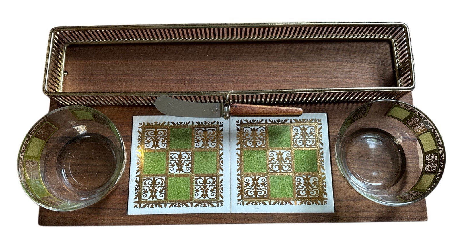 Vintage Culver Seville Caviar & Cracker Set 22K Gold Green Walnut Complete MCM