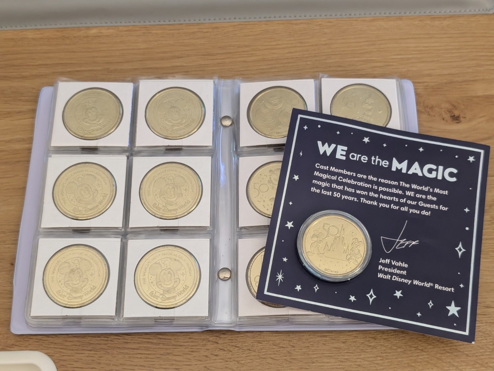Disney World 50th Anniversary Golden Medallion Coins COMPLETE 58 w/Cast Member