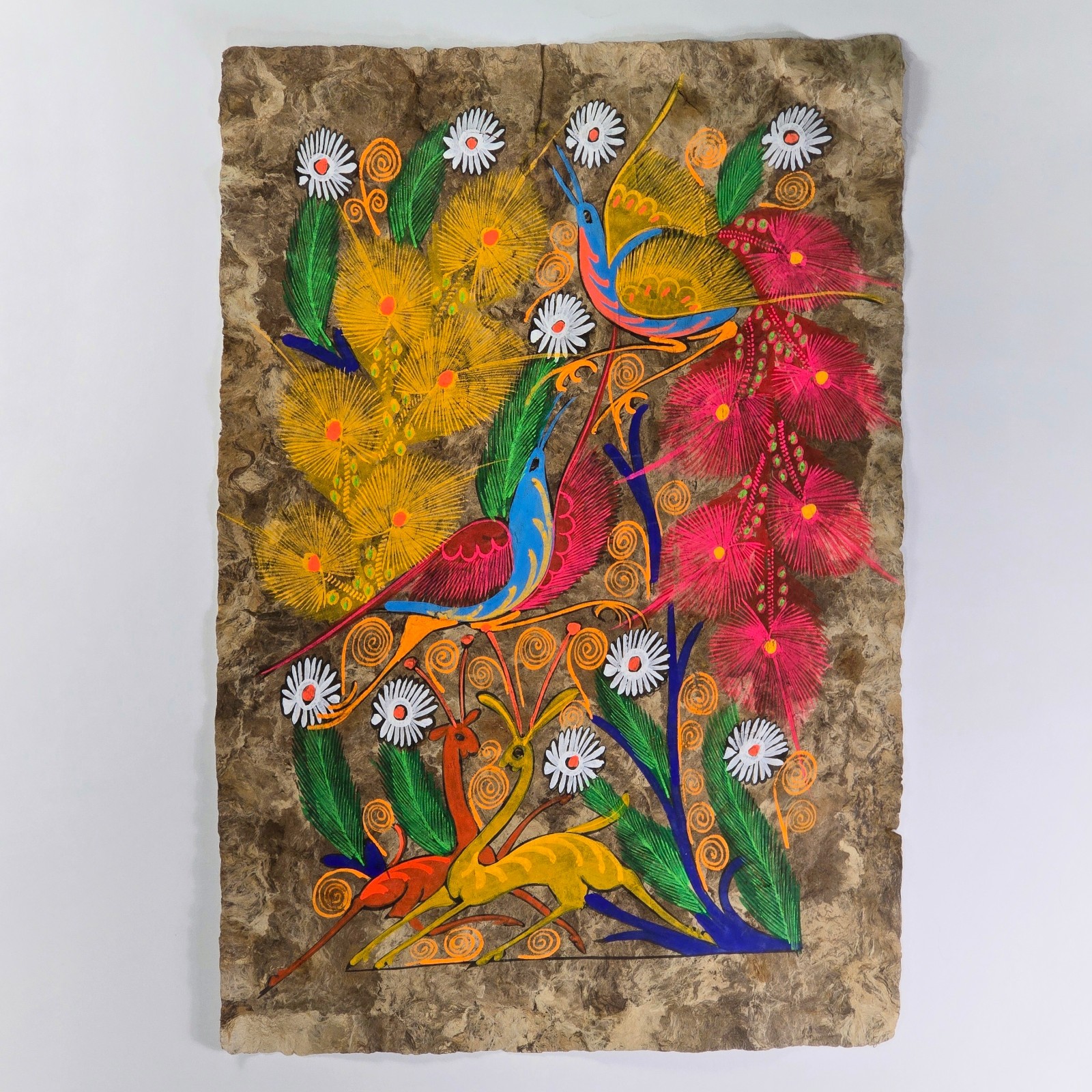 VTG Mexican Folk Art Amate Bark Paper Painting Floral Bird Deer Flowers 15\ VTG Mexican Folk Art Amate Bark Paper Painting Floral Bird Deer Flowers 15\