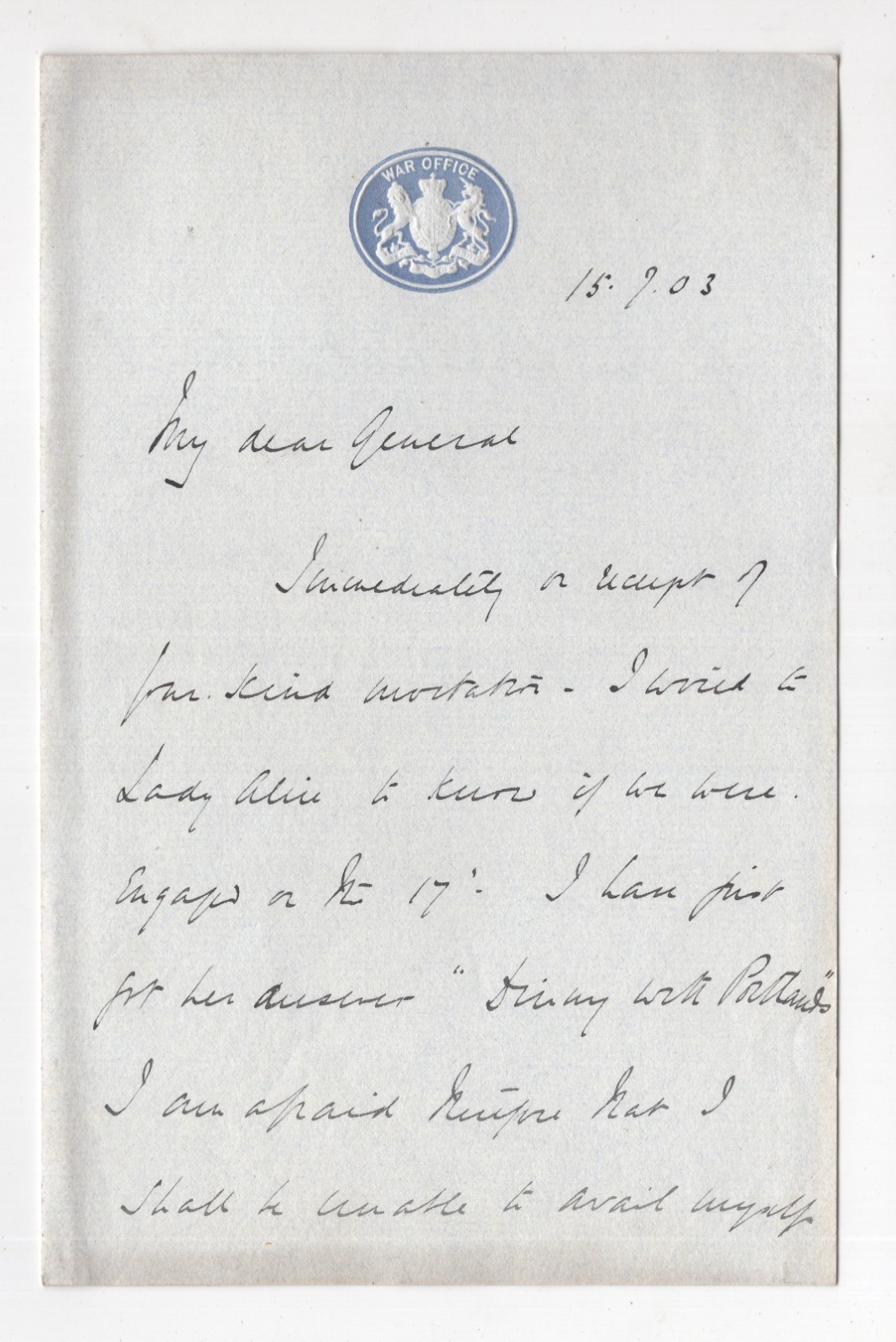 Edward Stanley, 17th Earl of Derby, autograph letter from War Office, 1903