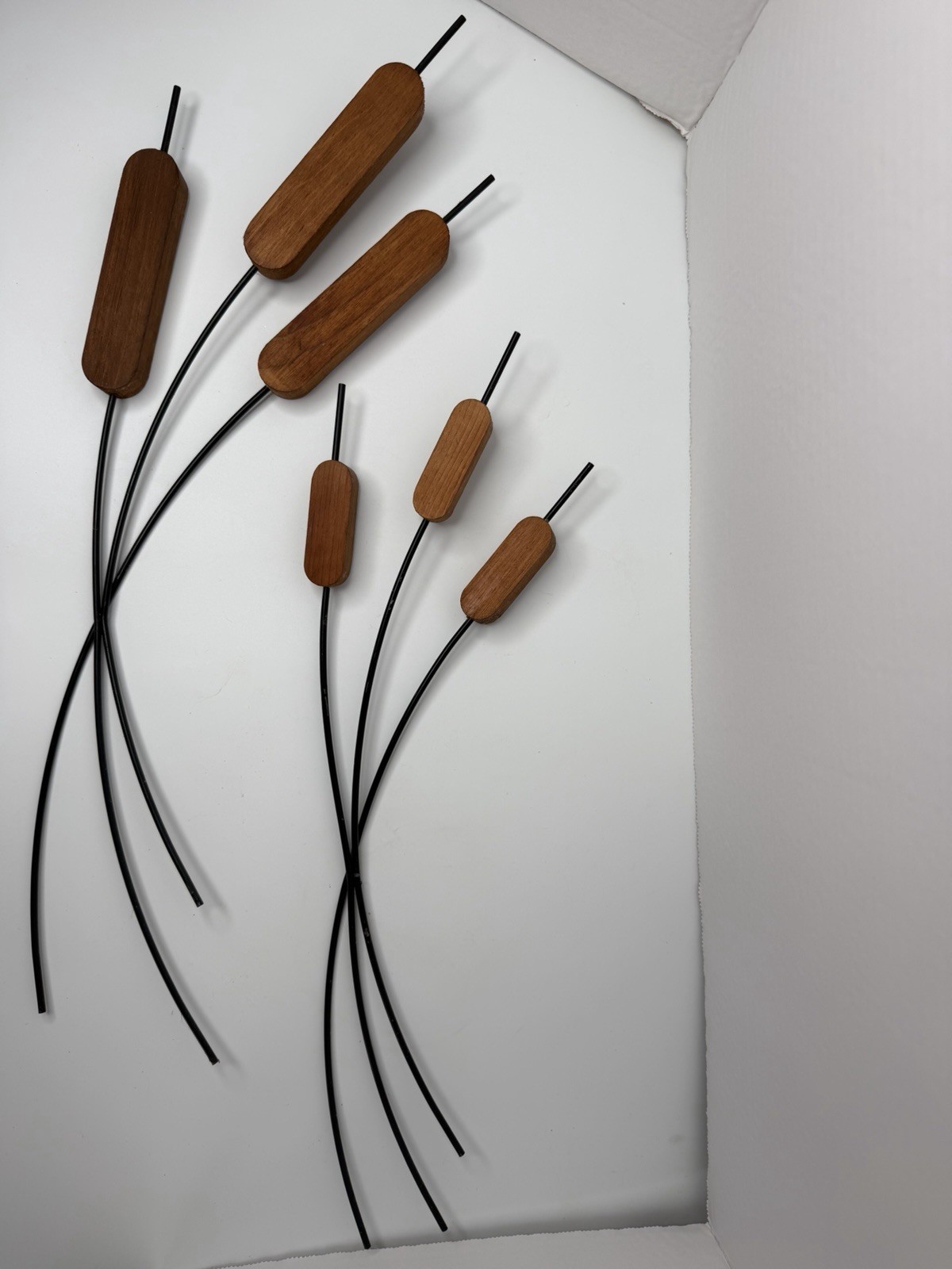Vintage Cattails Wood & Metal Wall Art Hanging MCM 18” Retro Mod Reeds 2 PC