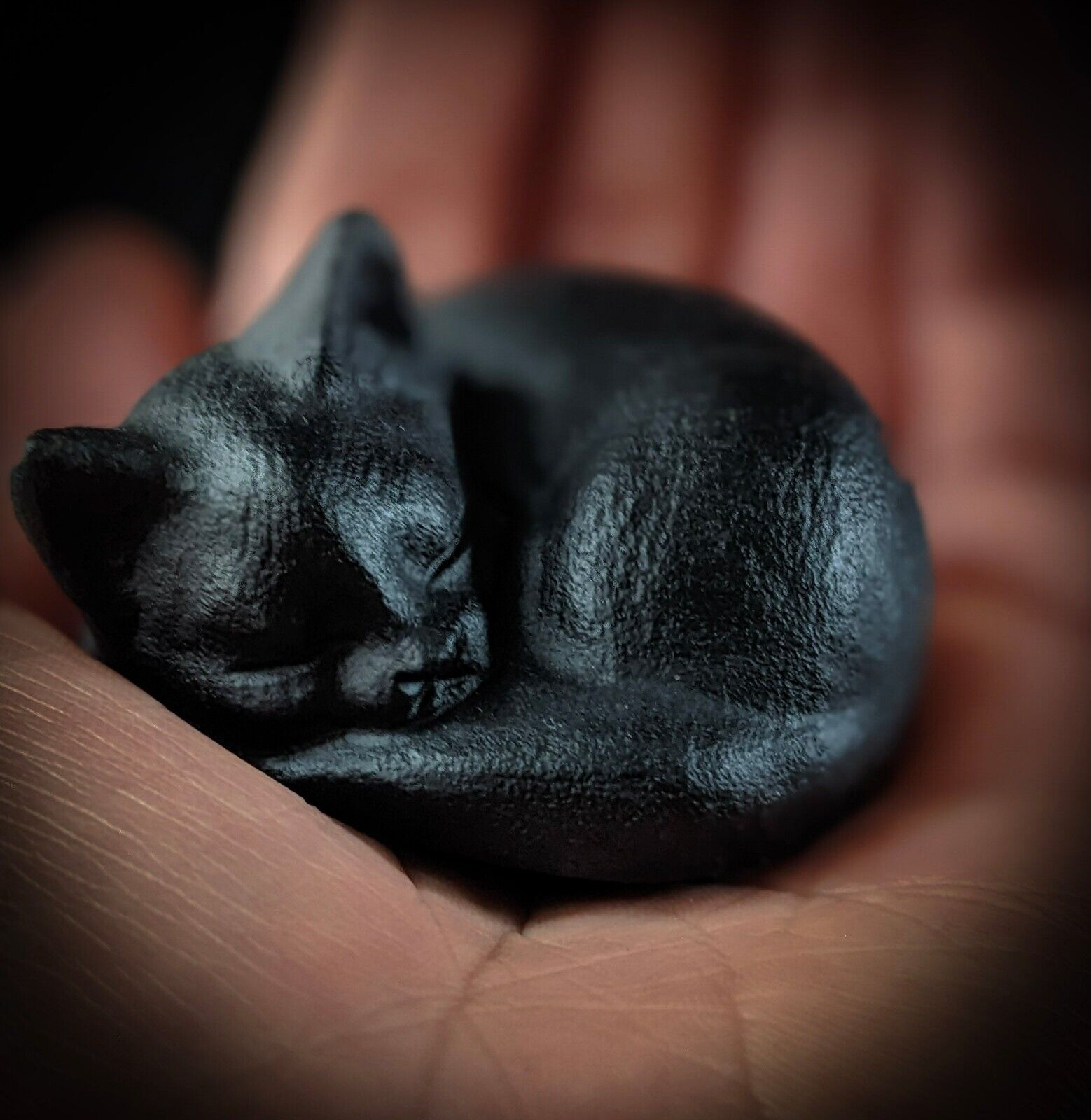 Natural Obsidian Cat Statue Handcrafted Black Crystal Sleeping Kitten