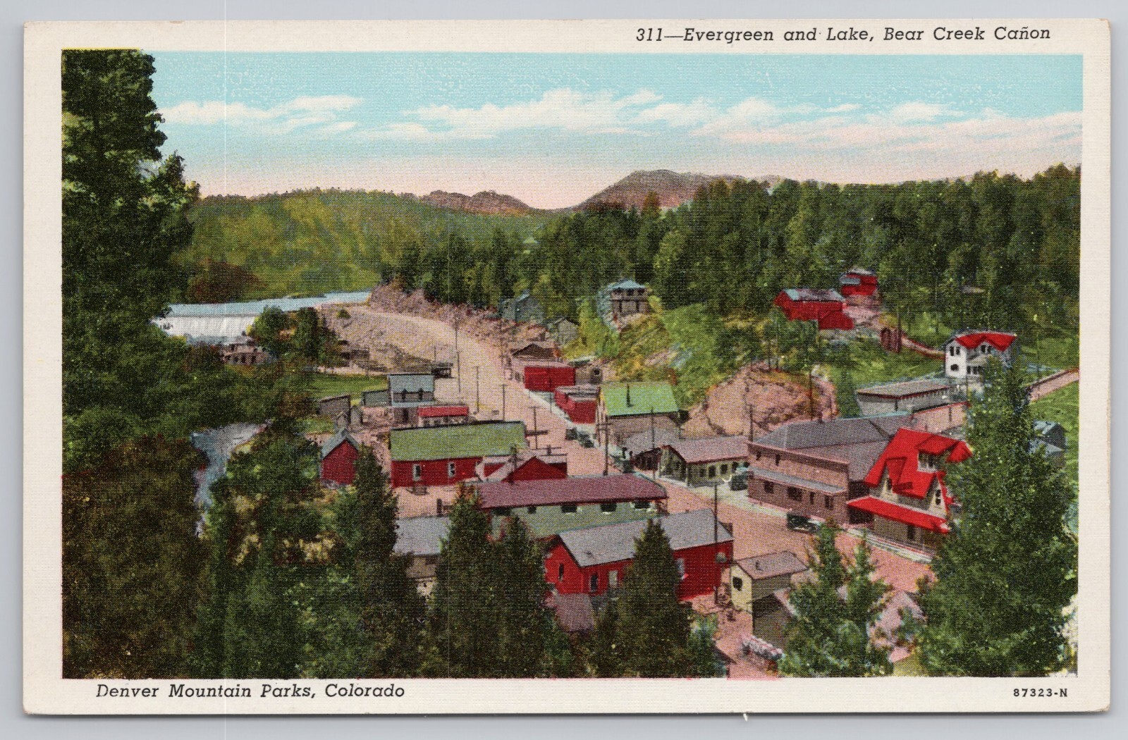 Evergreen and Lake Bear Creek Canyon Aerial View Colorado CO 1920s Postcard