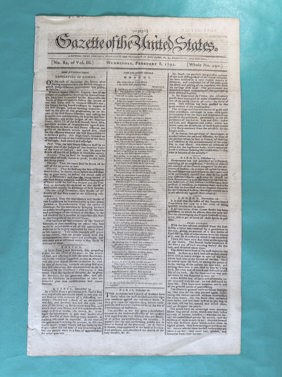 1792 Gazette of the United States Phila. Feb 8, Colonial Federalist Newspaper