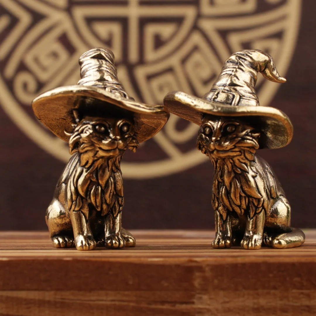 Cute Sorcerer Cat Brass Figurine Miniature Animal Statue Retro Home Decor Cute Sorcerer Cat Brass Figurine Miniature Animal Statue Retro Home Decor