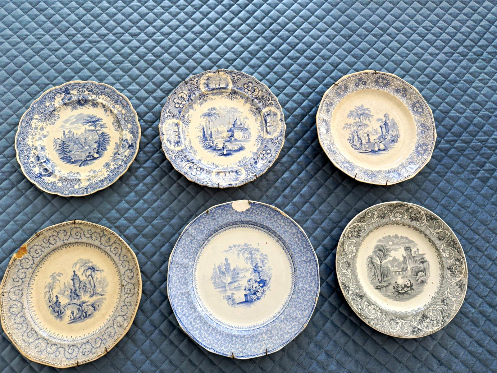 Antique Blue White Transferware Plates Lot of 6 Staffordshire English Wall Decor