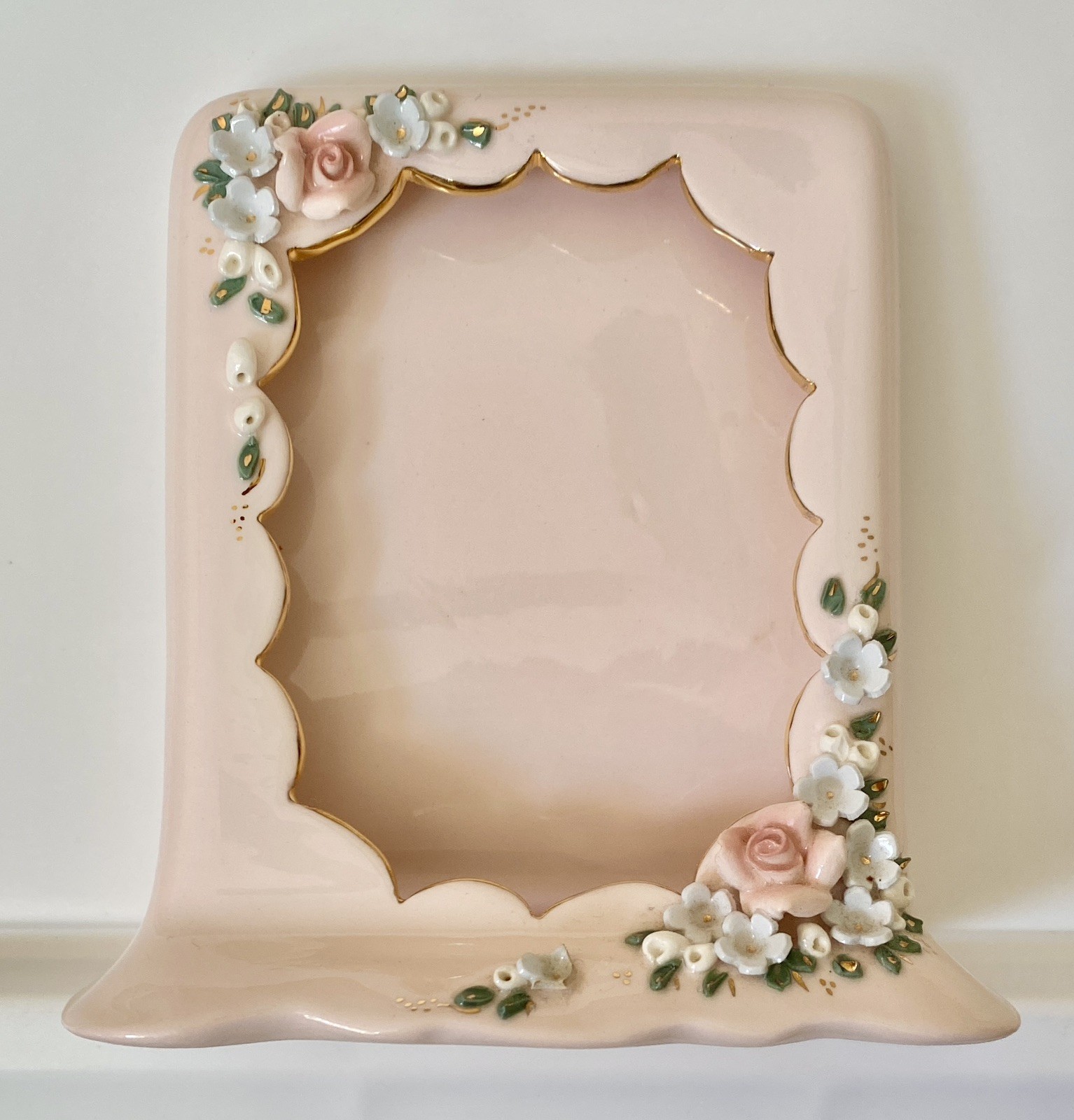 Rare Florence Ceramics Floral Rose Blush Pink Picture Frame Pat. Pending Signed Rare Florence Ceramics Floral Rose Blush Pink Picture Frame Pat. Pending Signed